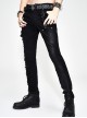 Punk Style Personality Asymmetrical Ripped Suede Fabric Front Center Metal Rivet Decoration Black Slim Pants