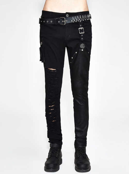 Punk Style Personality Asymmetrical Ripped Suede Fabric Front Center Metal Rivet Decoration Black Slim Pants