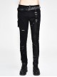 Punk Style Personality Asymmetrical Ripped Suede Fabric Front Center Metal Rivet Decoration Black Slim Pants