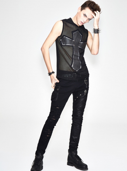 Punk Style Personality Asymmetrical Ripped Suede Fabric Front Center Metal Rivet Decoration Black Slim Pants