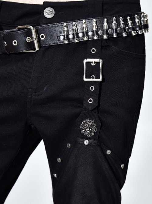 Punk Style Personality Asymmetrical Ripped Suede Fabric Front Center Metal Rivet Decoration Black Slim Pants