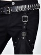 Punk Style Personality Asymmetrical Ripped Suede Fabric Front Center Metal Rivet Decoration Black Slim Pants