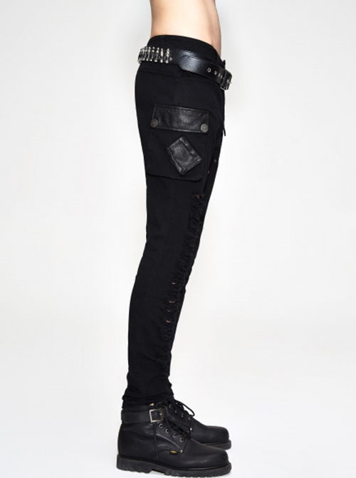 Punk Style Personality Asymmetrical Ripped Suede Fabric Front Center Metal Rivet Decoration Black Slim Pants