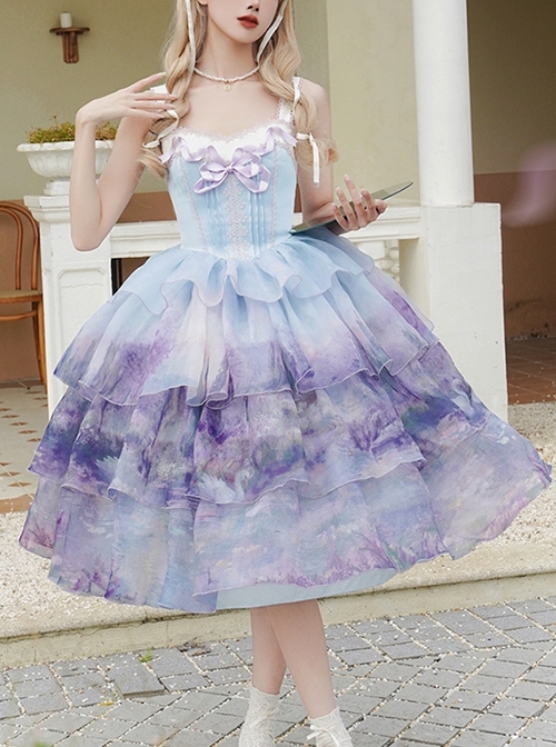 Swan Lake Series Dreamy Lavender Purple Oil Painting Texture Ballet Style Yarn Hem Classic Lolita Sleeveless Dress