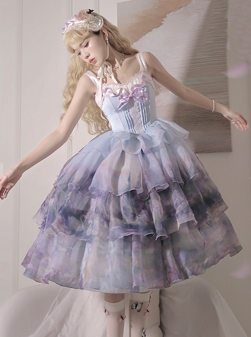 Swan Lake Series Dreamy Lavender Purple Oil Painting Texture Ballet Style Yarn Hem Classic Lolita Sleeveless Dress