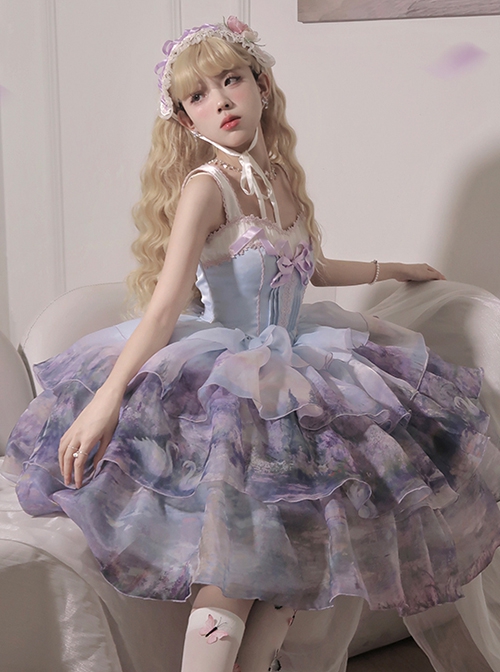 Swan Lake Series Dreamy Lavender Purple Oil Painting Texture Ballet Style Yarn Hem Classic Lolita Sleeveless Dress