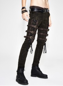 Punk Style Washed Old Feeling Irregular Embroidery Pattern Front Center Tie Metal Belt Decoration Brown Adjustable Pants