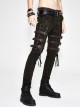 Punk Style Washed Old Feeling Irregular Embroidery Pattern Front Center Tie Metal Belt Decoration Brown Adjustable Pants