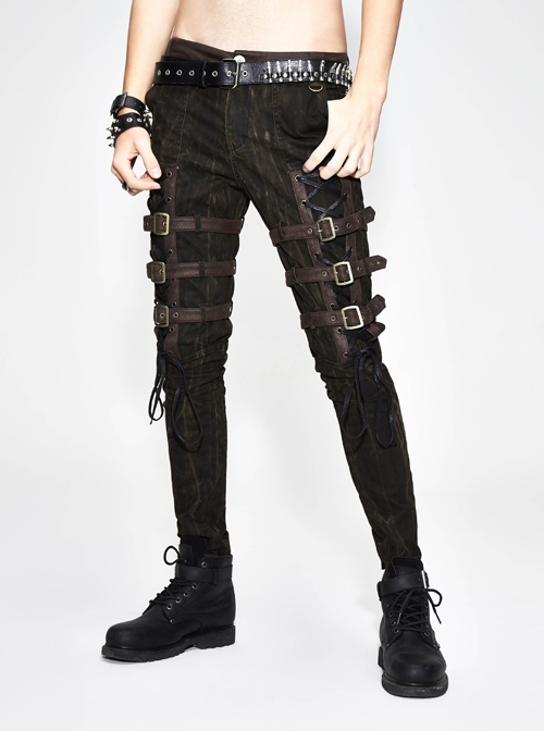 Punk Style Washed Old Feeling Irregular Embroidery Pattern Front Center Tie Metal Belt Decoration Brown Adjustable Pants