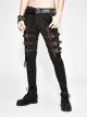 Punk Style Washed Old Feeling Irregular Embroidery Pattern Front Center Tie Metal Belt Decoration Brown Adjustable Pants