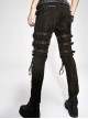 Punk Style Washed Old Feeling Irregular Embroidery Pattern Front Center Tie Metal Belt Decoration Brown Adjustable Pants