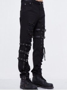 Punk Style Washed Old Feeling Irregular Embroidery Holes Front Center Tie Rope Metal Belt Decoration Black Adjustable Pants