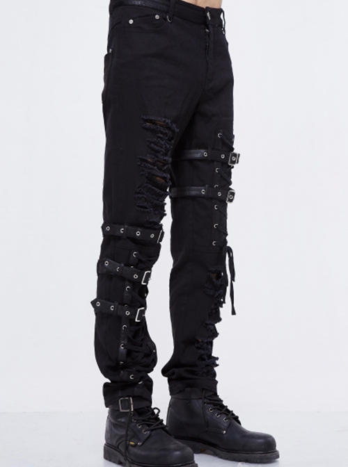 Punk Style Washed Old Feeling Irregular Embroidery Holes Front Center Tie Rope Metal Belt Decoration Black Adjustable Pants