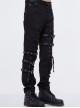 Punk Style Washed Old Feeling Irregular Embroidery Holes Front Center Tie Rope Metal Belt Decoration Black Adjustable Pants