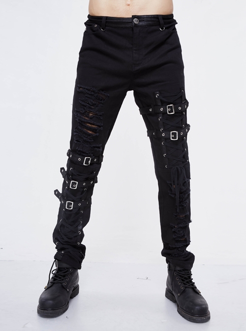 Punk Style Washed Old Feeling Irregular Embroidery Holes Front Center Tie Rope Metal Belt Decoration Black Adjustable Pants