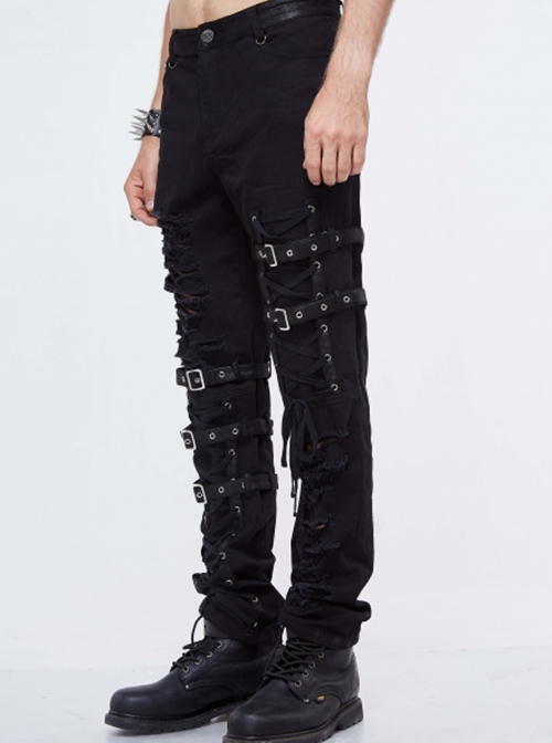 Punk Style Washed Old Feeling Irregular Embroidery Holes Front Center Tie Rope Metal Belt Decoration Black Adjustable Pants