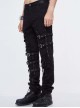 Punk Style Washed Old Feeling Irregular Embroidery Holes Front Center Tie Rope Metal Belt Decoration Black Adjustable Pants