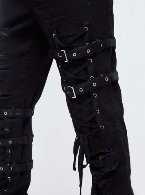 Punk Style Washed Old Feeling Irregular Embroidery Holes Front Center Tie Rope Metal Belt Decoration Black Adjustable Pants