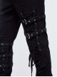 Punk Style Washed Old Feeling Irregular Embroidery Holes Front Center Tie Rope Metal Belt Decoration Black Adjustable Pants