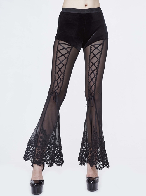 Gothic Style Sexy Stretch Knit Stitching See Through Mesh Black Lace Flared Leggings