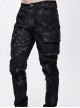 Punk Style Irregular Elastic Twill Splicing Mesh Genuine Leather Fabric Front Center Eyelet Raw Edge Black Distressed Hole Pants