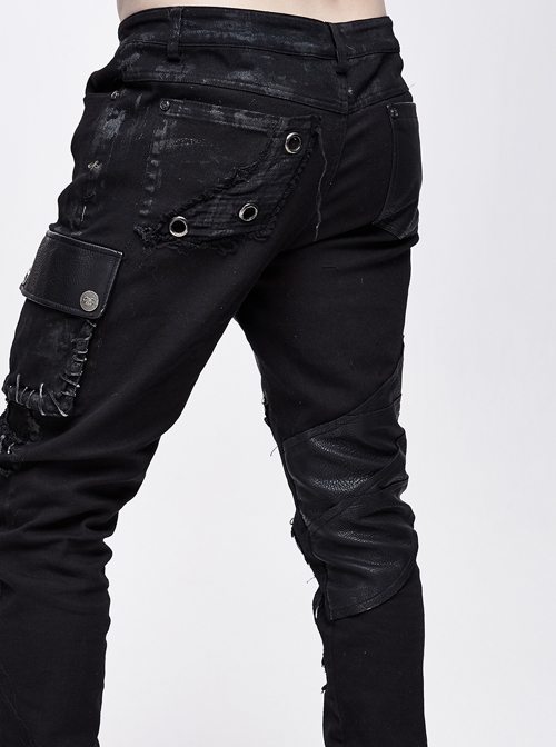 Punk Style Irregular Elastic Twill Splicing Mesh Genuine Leather Fabric Front Center Eyelet Raw Edge Black Distressed Hole Pants