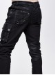 Punk Style Irregular Elastic Twill Splicing Mesh Genuine Leather Fabric Front Center Eyelet Raw Edge Black Distressed Hole Pants