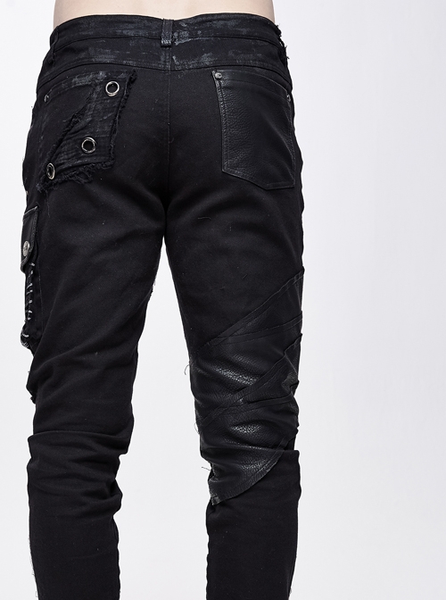 Punk Style Irregular Elastic Twill Splicing Mesh Genuine Leather Fabric Front Center Eyelet Raw Edge Black Distressed Hole Pants