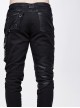 Punk Style Irregular Elastic Twill Splicing Mesh Genuine Leather Fabric Front Center Eyelet Raw Edge Black Distressed Hole Pants