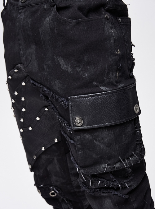 Punk Style Irregular Elastic Twill Splicing Mesh Genuine Leather Fabric Front Center Eyelet Raw Edge Black Distressed Hole Pants