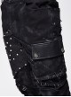 Punk Style Irregular Elastic Twill Splicing Mesh Genuine Leather Fabric Front Center Eyelet Raw Edge Black Distressed Hole Pants