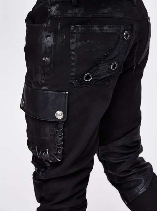 Punk Style Irregular Elastic Twill Splicing Mesh Genuine Leather Fabric Front Center Eyelet Raw Edge Black Distressed Hole Pants