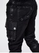 Punk Style Irregular Elastic Twill Splicing Mesh Genuine Leather Fabric Front Center Eyelet Raw Edge Black Distressed Hole Pants