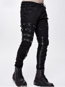 Punk Style Asymmetric Stretch Twill Fabric Front Center Tie Eyelet Decoration Black Distressed Slim Fit Pants