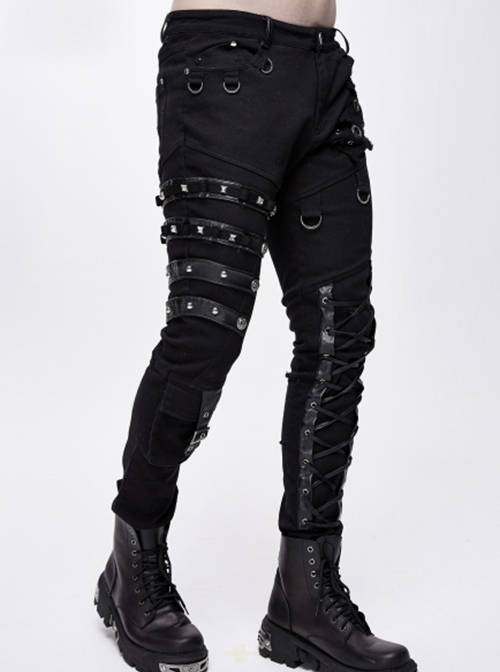 Punk Style Asymmetric Stretch Twill Fabric Front Center Tie Eyelet Decoration Black Distressed Slim Fit Pants