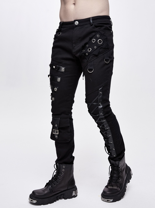 Punk Style Asymmetric Stretch Twill Fabric Front Center Tie Eyelet Decoration Black Distressed Slim Fit Pants