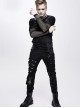 Punk Style Asymmetric Stretch Twill Fabric Front Center Tie Eyelet Decoration Black Distressed Slim Fit Pants