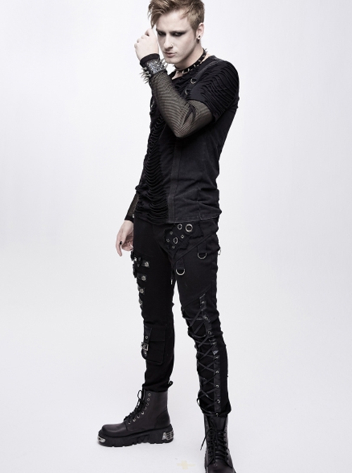 Punk Style Asymmetric Stretch Twill Fabric Front Center Tie Eyelet Decoration Black Distressed Slim Fit Pants