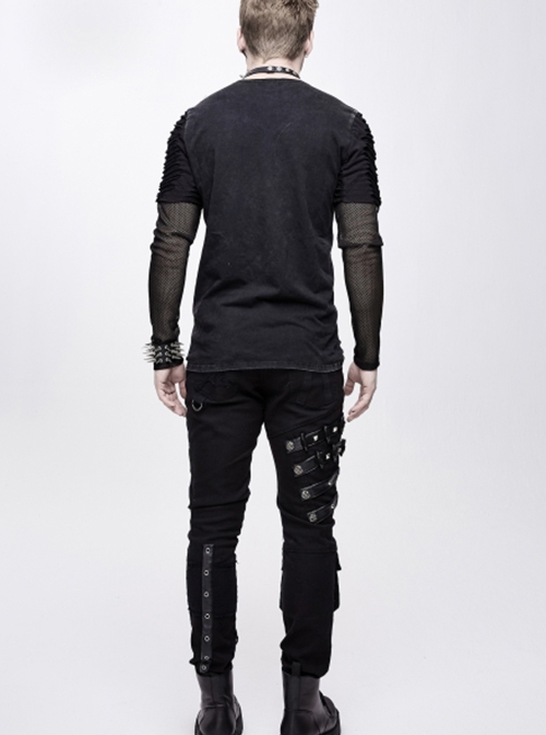 Punk Style Asymmetric Stretch Twill Fabric Front Center Tie Eyelet Decoration Black Distressed Slim Fit Pants