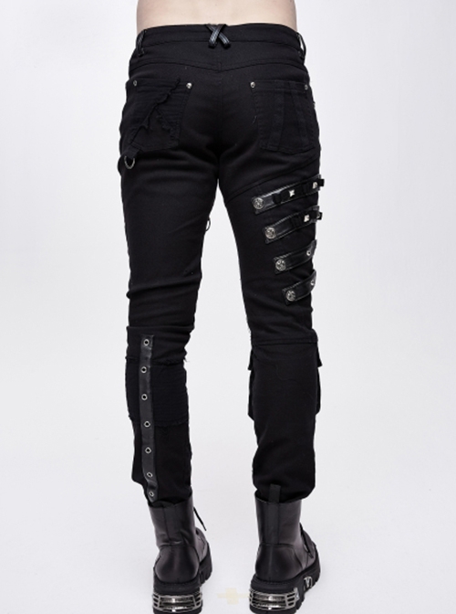 Punk Style Asymmetric Stretch Twill Fabric Front Center Tie Eyelet Decoration Black Distressed Slim Fit Pants