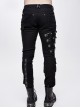 Punk Style Asymmetric Stretch Twill Fabric Front Center Tie Eyelet Decoration Black Distressed Slim Fit Pants