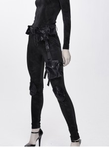 Punk Style Simple Elastic Dark Pattern Fabric With Detachable Waist Bag Leg Bag Black Daily Slim Pants