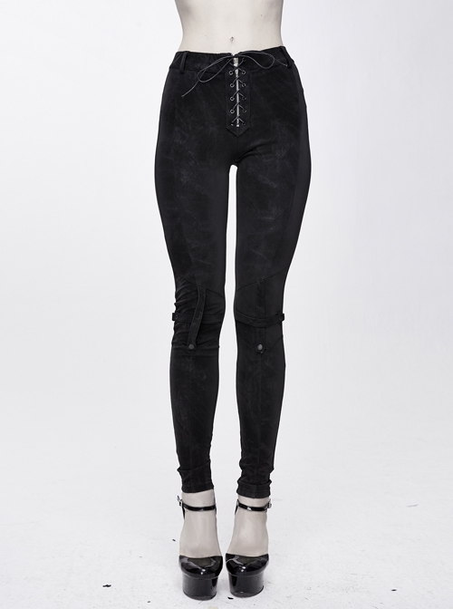 Punk Style Simple Elastic Dark Pattern Fabric With Detachable Waist Bag Leg Bag Black Daily Slim Pants