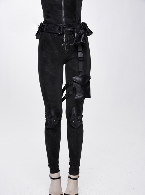 Punk Style Simple Elastic Dark Pattern Fabric With Detachable Waist Bag Leg Bag Black Daily Slim Pants