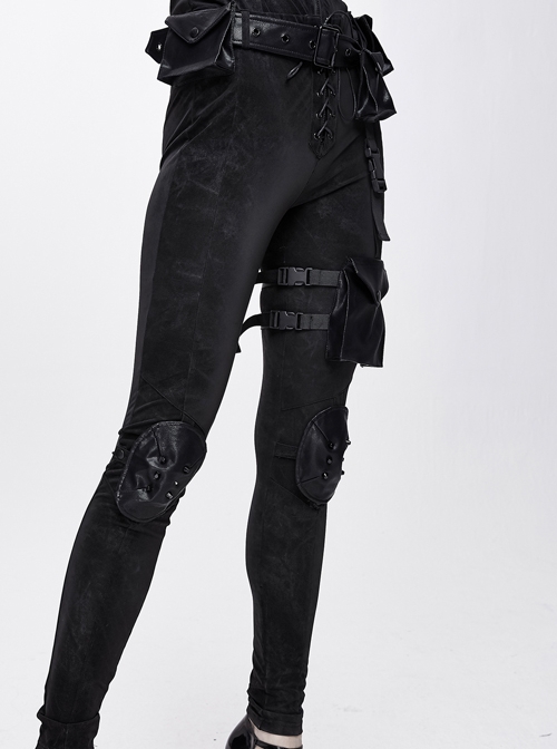 Punk Style Simple Elastic Dark Pattern Fabric With Detachable Waist Bag Leg Bag Black Daily Slim Pants