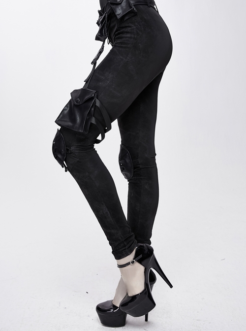 Punk Style Simple Elastic Dark Pattern Fabric With Detachable Waist Bag Leg Bag Black Daily Slim Pants