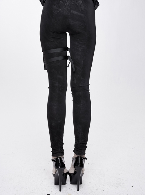 Punk Style Simple Elastic Dark Pattern Fabric With Detachable Waist Bag Leg Bag Black Daily Slim Pants