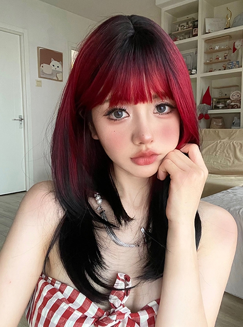 Strawberry Jam Series Red-Black Gradient Flat Bangs Long Straight Hair Sweet Cool Punk Lolita Wig