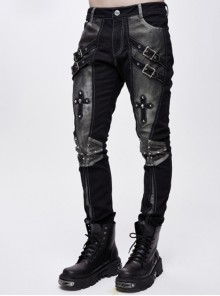 Punk Style Stretch Twill Front Center Cross Metal Rivet Decoration Black Daily Pants