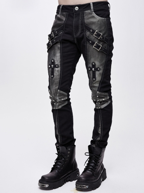 Punk Style Stretch Twill Front Center Cross Metal Rivet Decoration Black Daily Pants